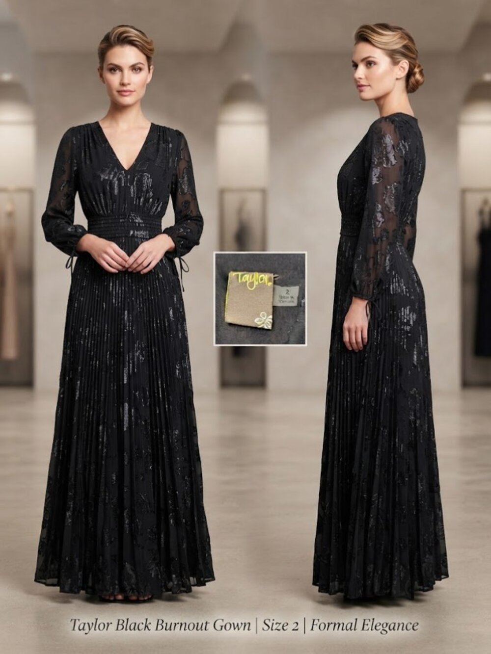 Taylor Black V-Neck Lace Burnout Long Sleeves Pleated Women's Dress Gown Size 2